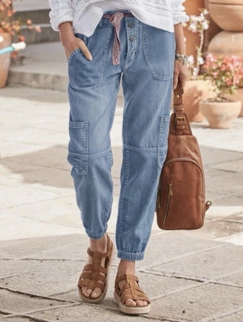 Sundance Cargo Jogger Jeans Womens 12 Blue Button Fly 100% Cotton Utility Denim